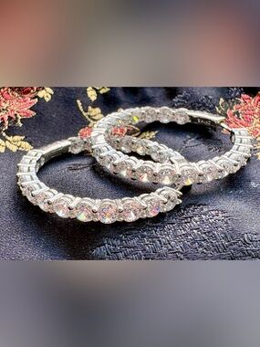 Silver Tone CZ Hoop Earrings | Sparkling Round Stone Latch Back Hoops